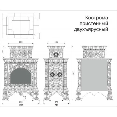 Каминная облицовка КимрПечь Кострома декоративная пристенная двухъярусная Белый