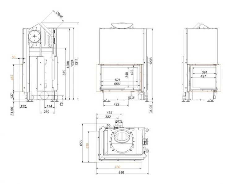 Каминная топка Brunner Eck-Kamine 45/67/44 L вертикальное открытие, левый угол (с подъемом)