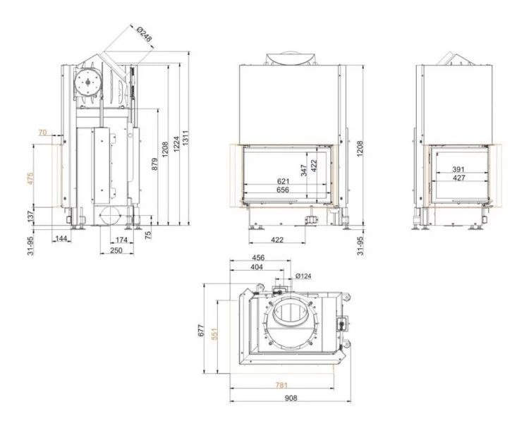 Каминная топка Brunner Eck-Kamine 45/67/44 L вертикальное открытие, левый угол (с подъемом)