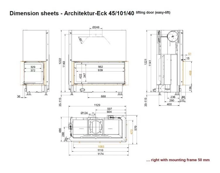 Каминная топка Brunner Architektur-Kamin Eck 45/101/40 с правым углом