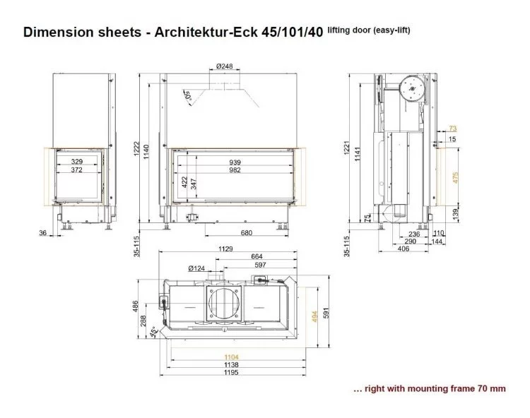 Каминная топка Brunner Architektur-Kamin Eck 45/101/40 с правым углом