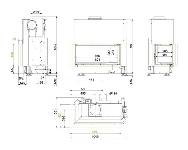Каминная топка Brunner Architecture-Eck 38/86/36 с левым углом схема монтажная рама 70 мм