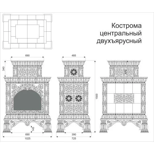 Каминная облицовка КимрПечь Кострома декоративная центральная двухъярусная Белый