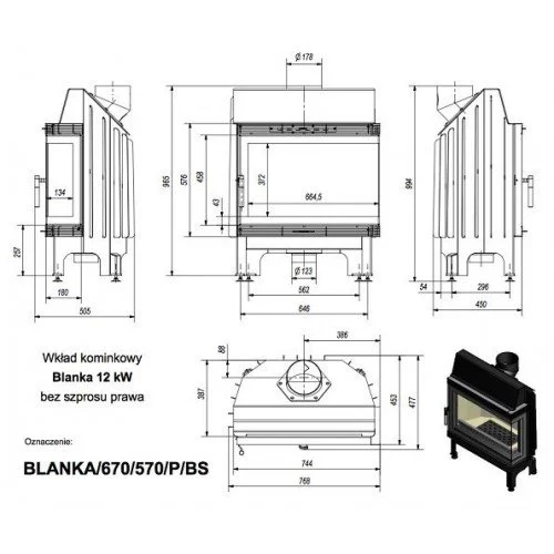 Каминная топка Kratki Blanka 670/570/P/BS (угловое стекло справа)