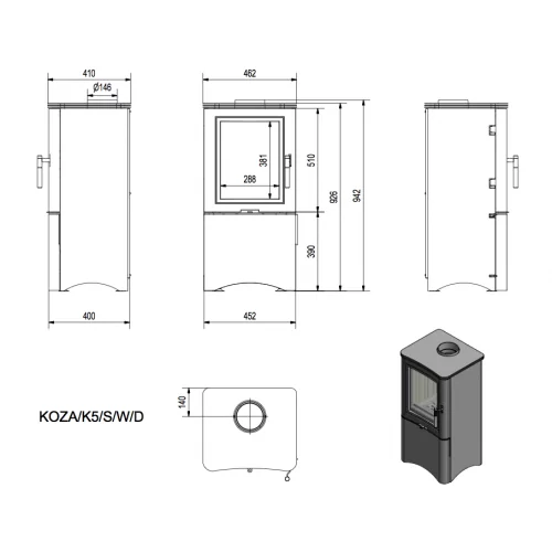 Печь-камин Kratki Koza K5 S/W/D