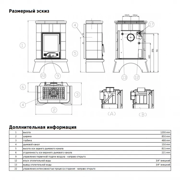 Кафельная печь-камин ABX Britania К с ТО 6,9 кВт (белый цоколь)