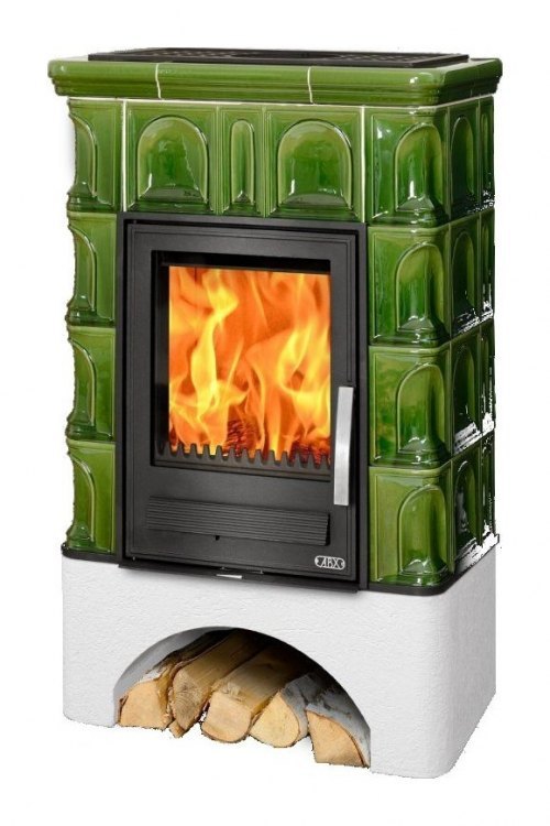 Кафельная печь-камин ABX Britania K Зеленая (прямой цоколь, вставка Комбо)