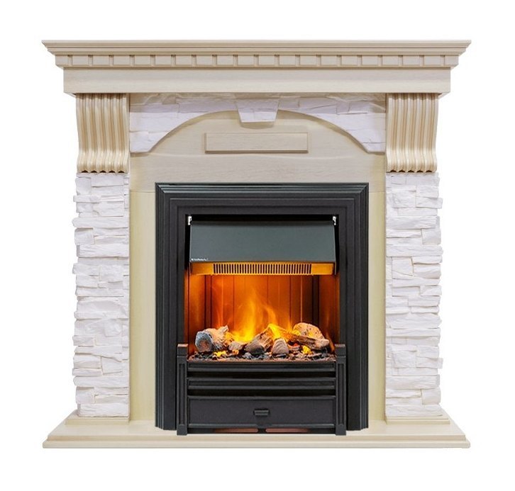 Каминокомплект Dublin - Слоновая кость с патиной / Сланец крем с очагом Brookline Black