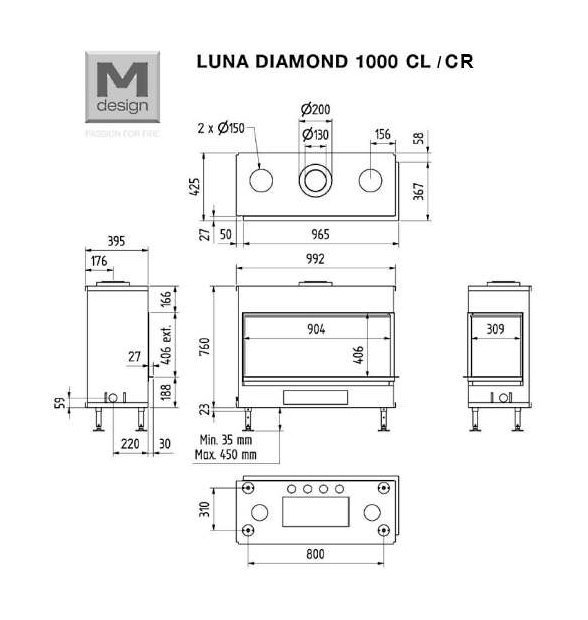 Каминная топка газовая M-Design Luna 1000 CR/CL Diamond gas, чугунные внутренние стенки