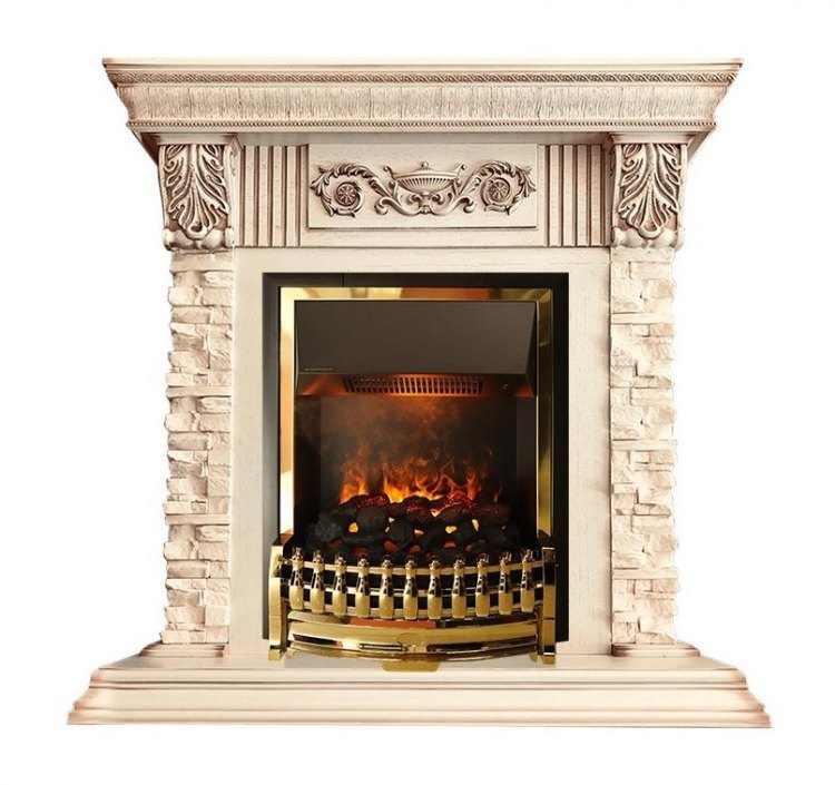 Каминокомплект Luxemburg (каменный) - Сланец/Cлоновая кость с патиной с очагом Atherton