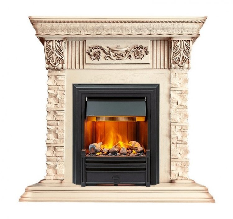 Каминокомплект Luxemburg (каменный) - Сланец/Cлоновая кость с патиной с очагом Brookline Black