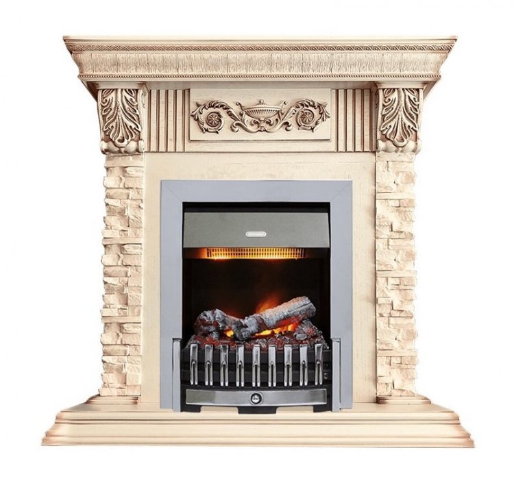 Каминокомплект Luxemburg (каменный) - Сланец/Cлоновая кость с патиной с очагом Danville Chrome FB2