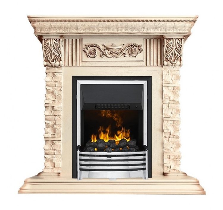 Каминокомплект Luxemburg (каменный) - Сланец/Cлоновая кость с патиной с очагом Flagstaff