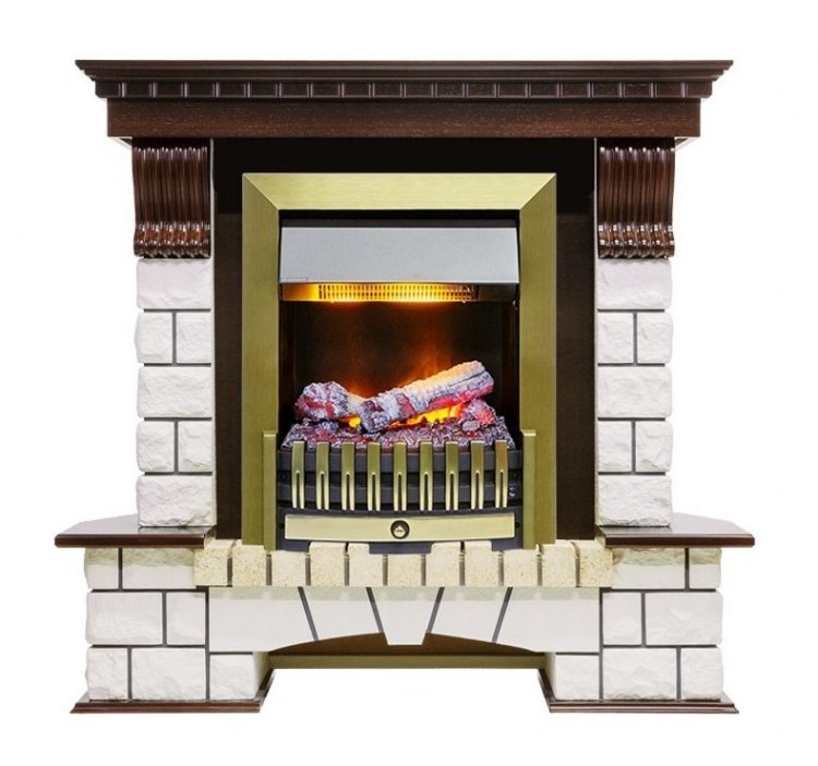 Каминокомплект Pierre Luxe угловой - Темный дуб / Белый (Высота 1050мм) с очагом Danville Antique Brass FB2