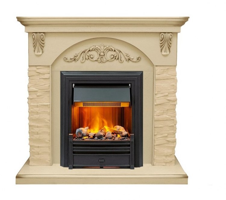 Каминокомплект Bern Сланец крупный бежевый / Алебастр темная патина с очагом Brookline Black