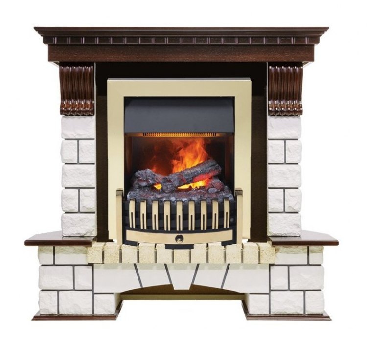 Каминокомплект Pierre Luxe угловой - Темный дуб / Белый (Высота 1050мм) с очагом Danville Brass FB2