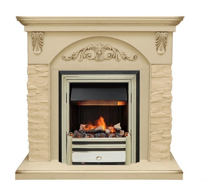 Каминокомплект Bern Сланец крупный бежевый / Алебастр темная патина с очагом Cavendish