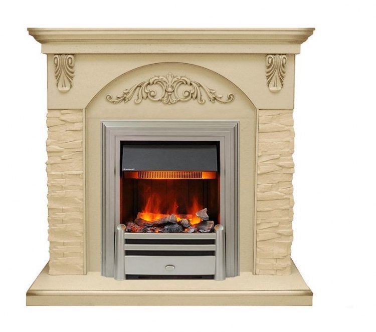 Каминокомплект Bern Сланец крупный бежевый / Алебастр темная патина с очагом Chesford