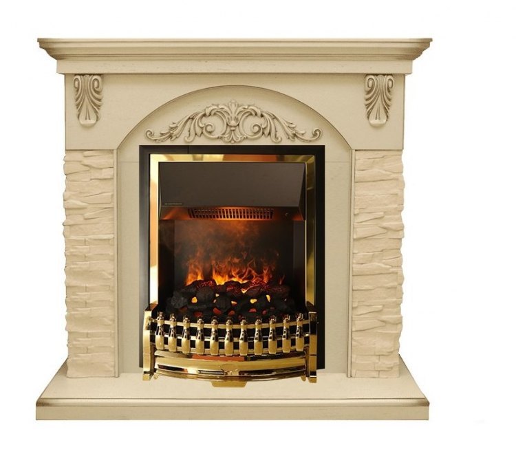 Каминокомплект Bern Сланец крупный бежевый / Алебастр темная патина с очагом Atherton