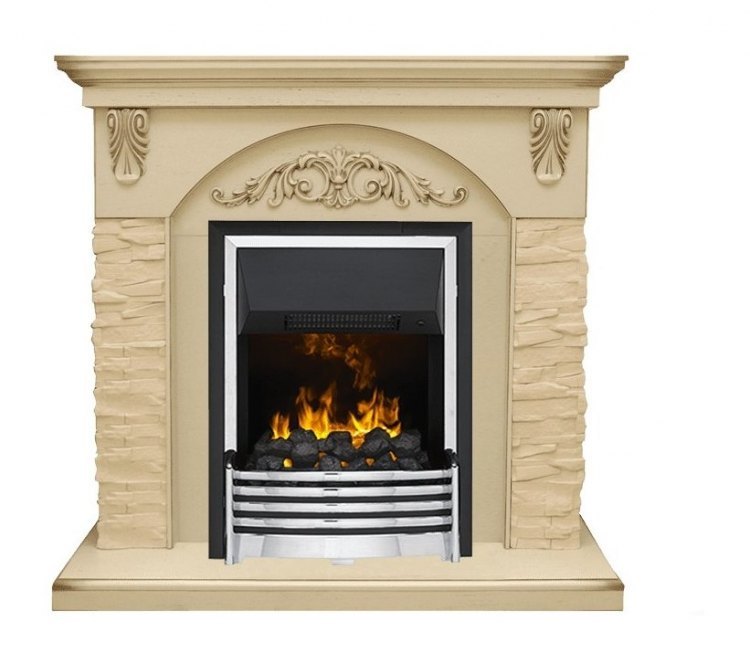 Каминокомплект Bern Сланец крупный бежевый / Алебастр темная патина с очагом Flagstaff