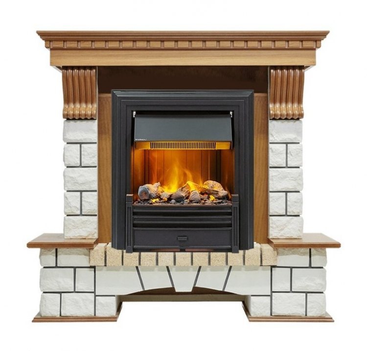 Каминокомплект Pierre Luxe - Дуб / Белый (Высота 1050мм) с очагом Brookline Black