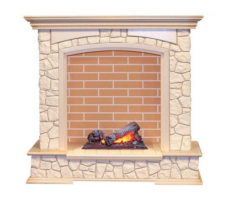 Каминокомплект Preston - Слоновая кость с патиной / Кирпич с очагом Cassette 400 NH