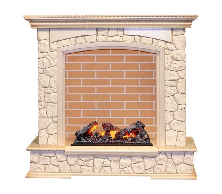 Каминокомплект Preston - Слоновая кость с патиной / Кирпич с очагом Cassette 600 NH
