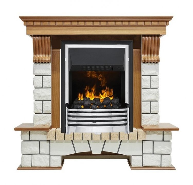 Каминокомплект Pierre Luxe - Дуб / Белый (Высота 1050мм) с очагом Flagstaff
