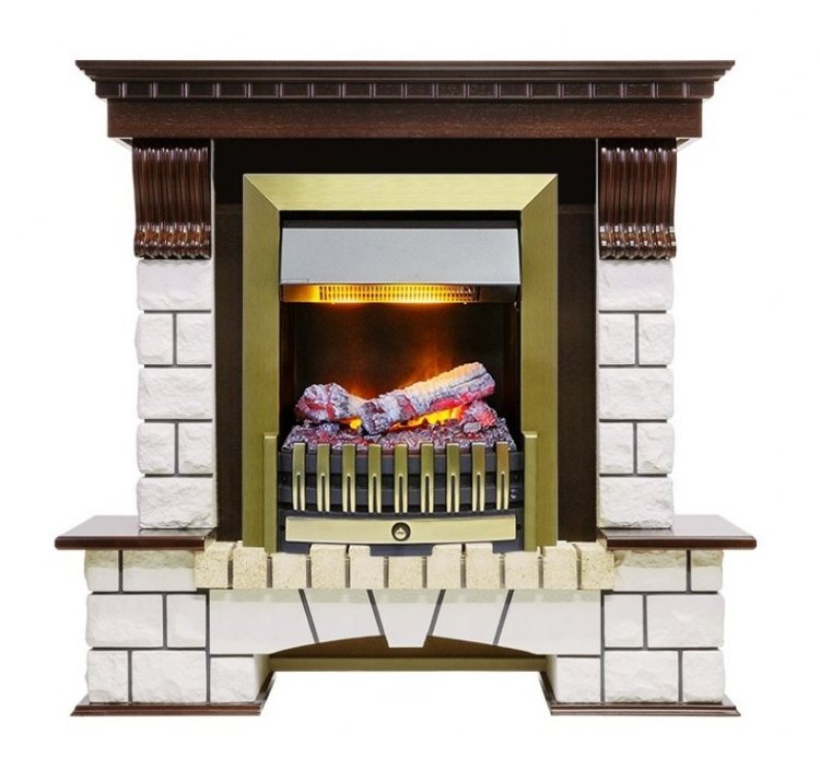 Каминокомплект Pierre Luxe - Темный дуб / Белый (Высота 1050мм) с очагом Danville Antique Brass FB2