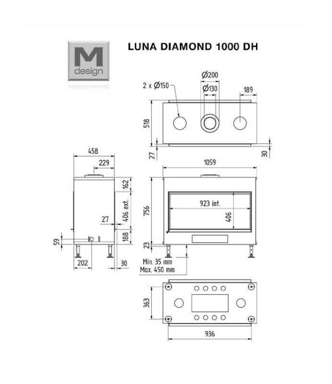 Каминная топка газовая M-Design Luna 1000 DH Diamond gas, чугунные внутренние стенки
