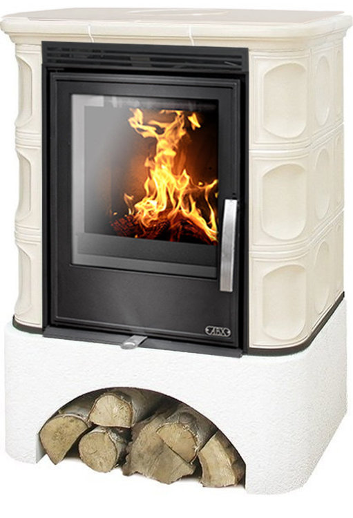 Кафельная печь-камин ABX Marina KPI (Белый цоколь, каф. верх. плита, вставка Комбо) с допуском воздуха